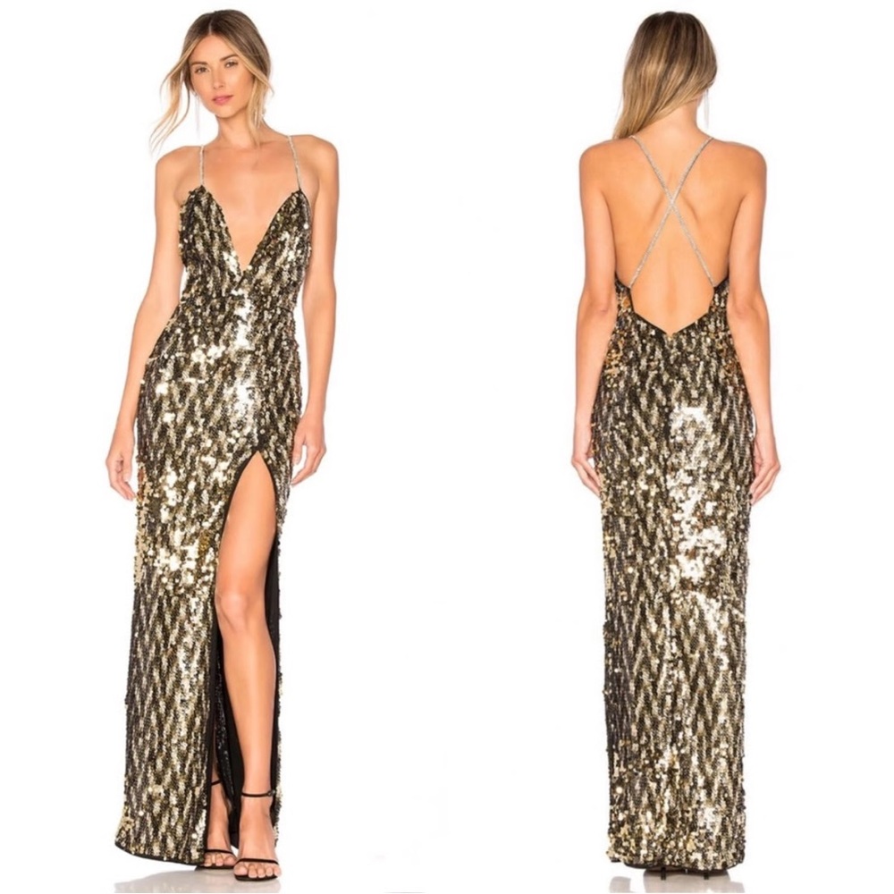 Michael Costello Black and Gold Sequin Maxi Dress